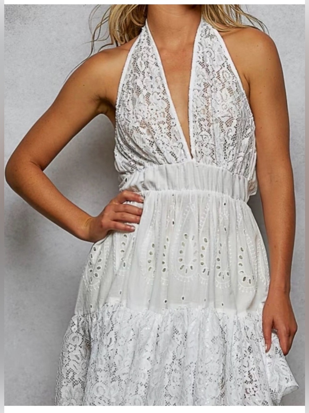 Low Start! POL NEW White Lace Halter Sundress - Women's Summer Dress